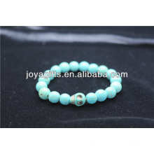 Turquoise 8MM Round Beads Stretch Gemstone Bracelet with Skull in the middle